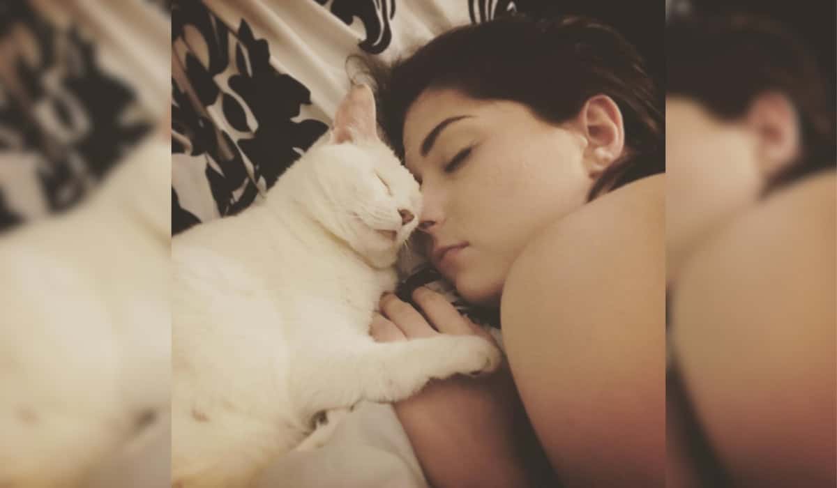 Pretzel the Cat Sleeping with it's adopted mom