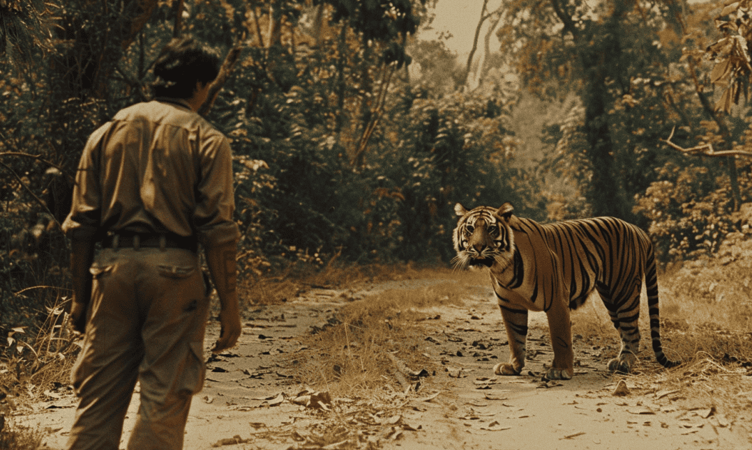 Indian Tiger Chases Ranger. Illustration.
